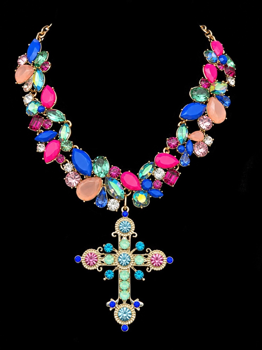 Multicolor Crystal Cross Statement Necklace - Women Jewelry